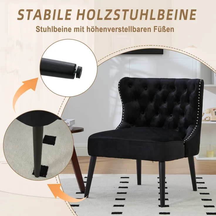 LVHOM Polsterstuhl aus Samt, Esszimmerstühle mit Knopfheftung, ohne Armlehnen, Massivholz Beine, Für Wohnzimmer, Büro & Schlafzimmer, Schwarz – Bild 5