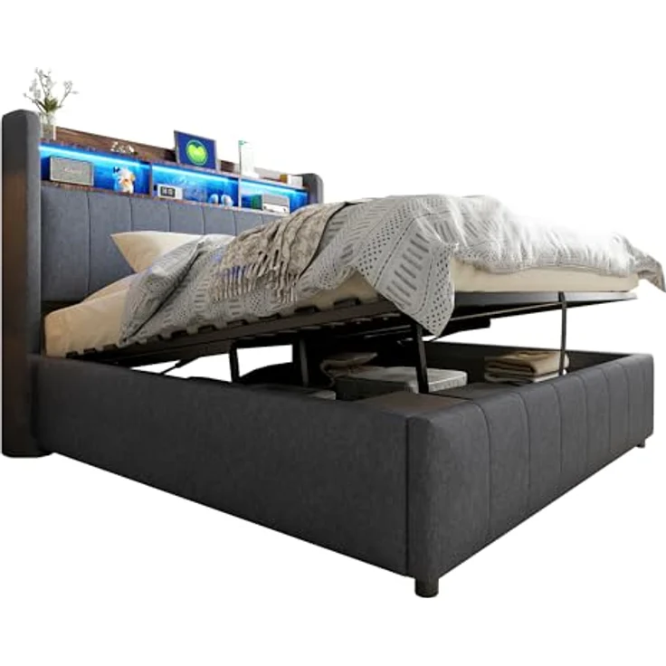 Ball & Cast Polsterbett (140x200 cm) mit hydraulischem Stauraum, Doppelbett mit Beleuchtung und USB-Ladefunktion, Einfach & Zeitsparend Montierbar, Grau – Bild 9