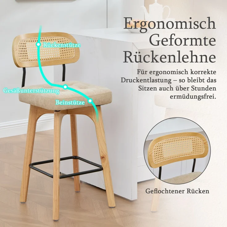 2er-Set um 360° drehbare Barhocker, Küchen- und Frühstücksbarhocker mit Rückenlehne, Rückenlehne aus Rattan mit gepolsterter Sitzfläche, Barhocker im modernen Mid-Century-Stil(Khaki, Chenille)--khaki--51x44x96cm--YOUDENOVA – Bild 2