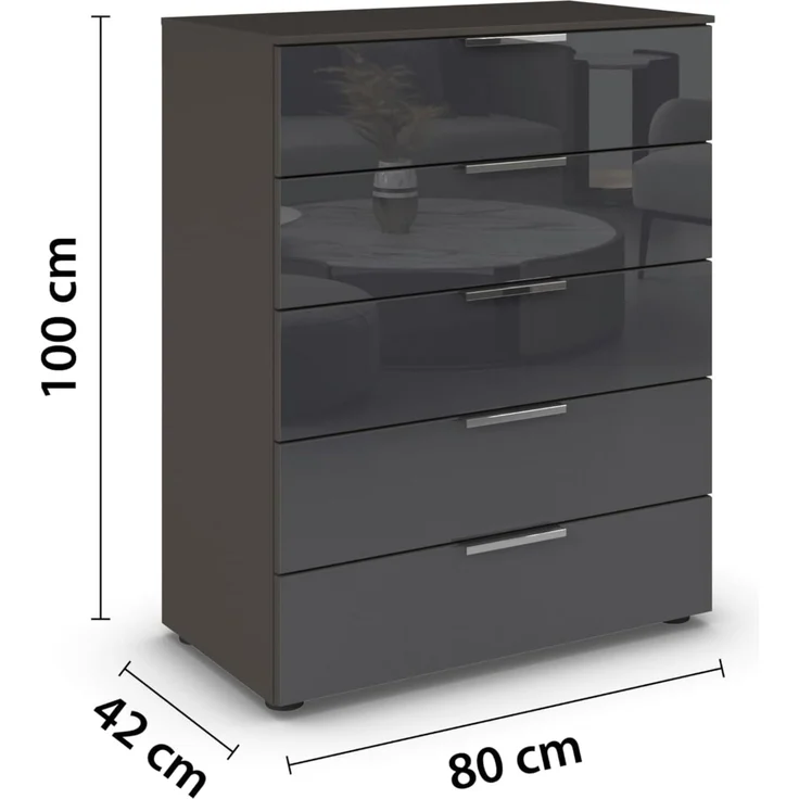 Rauch Möbel Flipp, Kommode für Schlafzimmer, Kinderzimmer, Wohnzimmer, Jugendzimmer, Flur, Garderobe, 5 Schubladen, mit Softclose Funktion, Farbe Glas Basalt, Schwarz, Breite 80 cm – Bild 3
