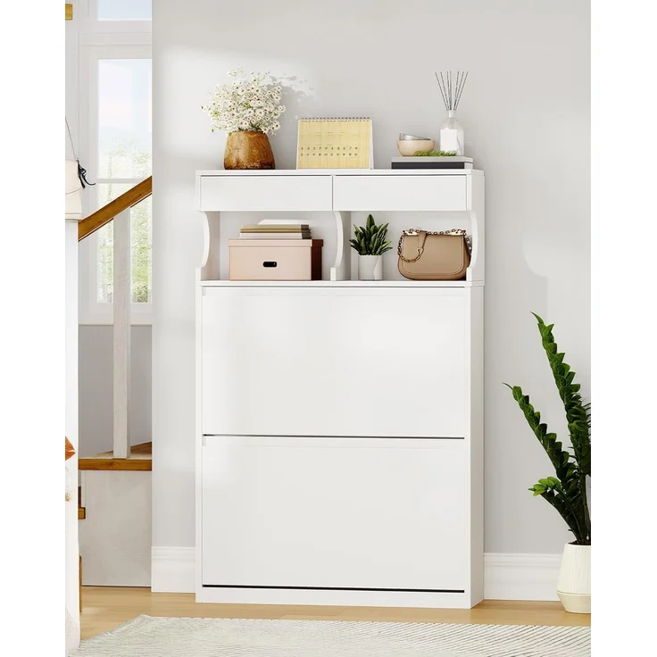 Schuhschrank mit 2 Klappen, Schuhregal Schuhkipper Schmal, 4 Fächern, Verstellbar, 16 Paar, Schuhaufbewahrung für Eingang, Flur, Garderobe, 80 x 24.5 x 124.5 cm Weiß – Bild 7