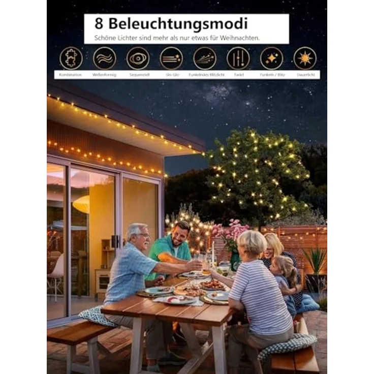 Montegoni LED-Lichterkette 10m 100 LEDs Lichterkette warmweiß, Weihnachtsdeko, IP65 Wasserdicht, 8 Lichtmodi, Ferbedienung mit Timer und Memory Funktion, IP65 – Bild 3