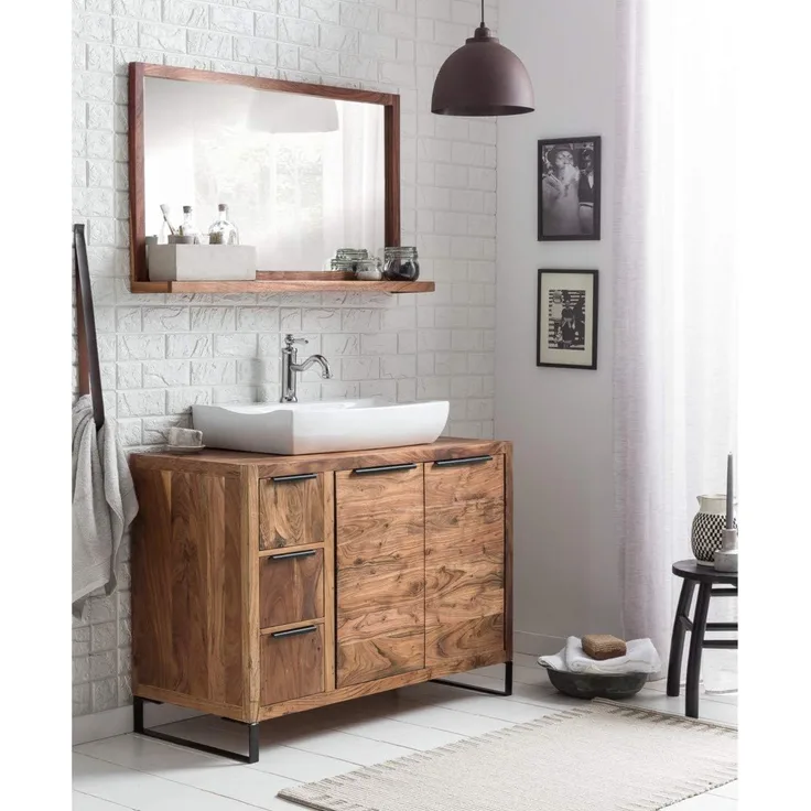 Badmöbelset Akazie Holz 2-tlg. massivum Sydney klein braun 105x74x45 cm Waschtisch mit Spiegel Badezimmer Unterschrank Landhausstil