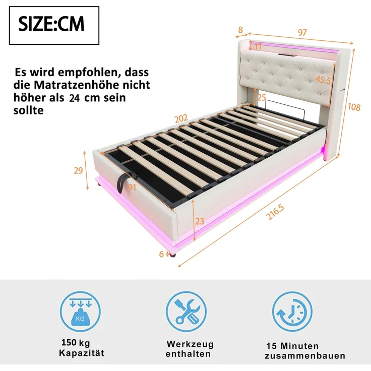 Polsterbett 90x200 cm aus Leinenstoff mit Stauraum und LED-Beleuchtung, ohne Matratze – Bild 10