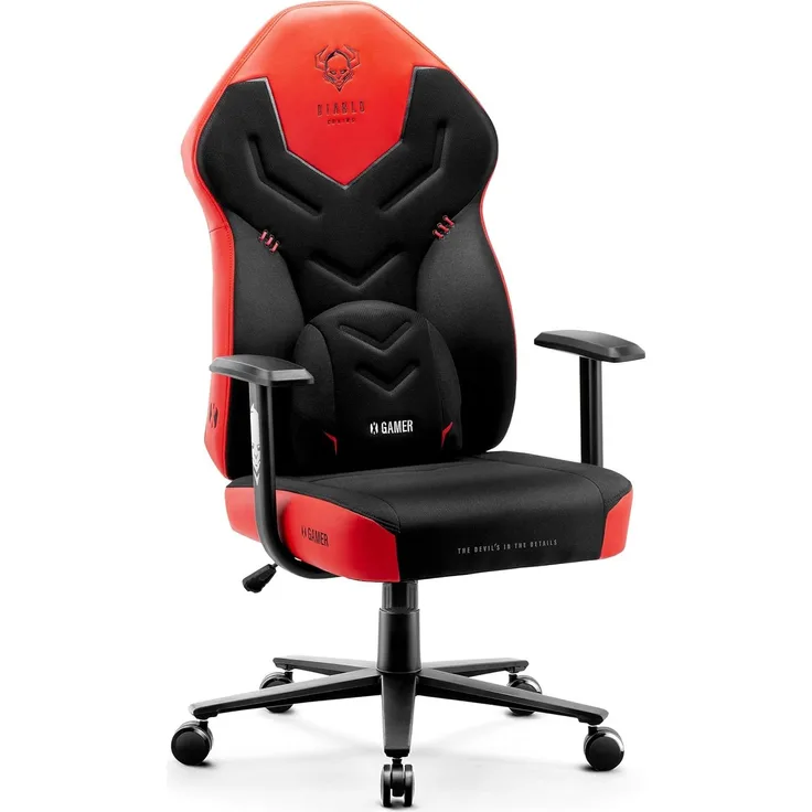 Diablo X-Gamer 2. 0 Gaming Stuhl Bürostuhl Stoffbezug Ergonomisches Design Lendenwirbelkissen Softpadauflage (Schwarz-Rot)