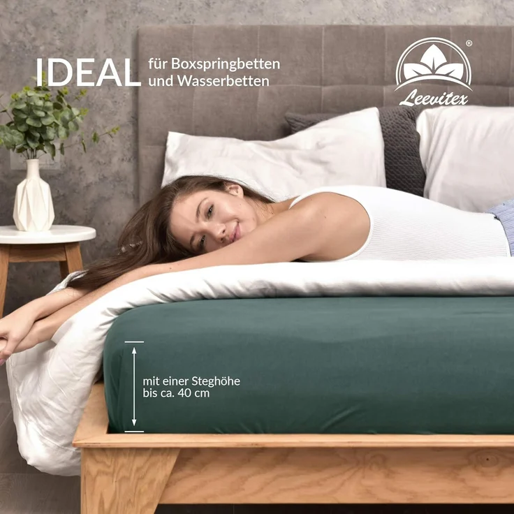 leevitex® Spannbettlaken, Premium 170g/m², Gummizug: rundum, schwer und dick, 100% Jersey-Baumwolle, Dunkelgrün / Tannengrün, 180 x 200 - 200 x 220 cm – Bild 5