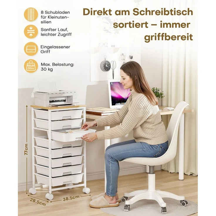 Yorbay Rollwagen mit 8 Schubladen und Holzplatte, Schubladenschrank aus Kunststoff, (Multifunktionaler Aufbewahrungsrollcontainer mit Rollen), für Wohnzimmer, Schlafzimmer, Badezimmer, Büro, Klassenzimmer, Küche – Bild 2