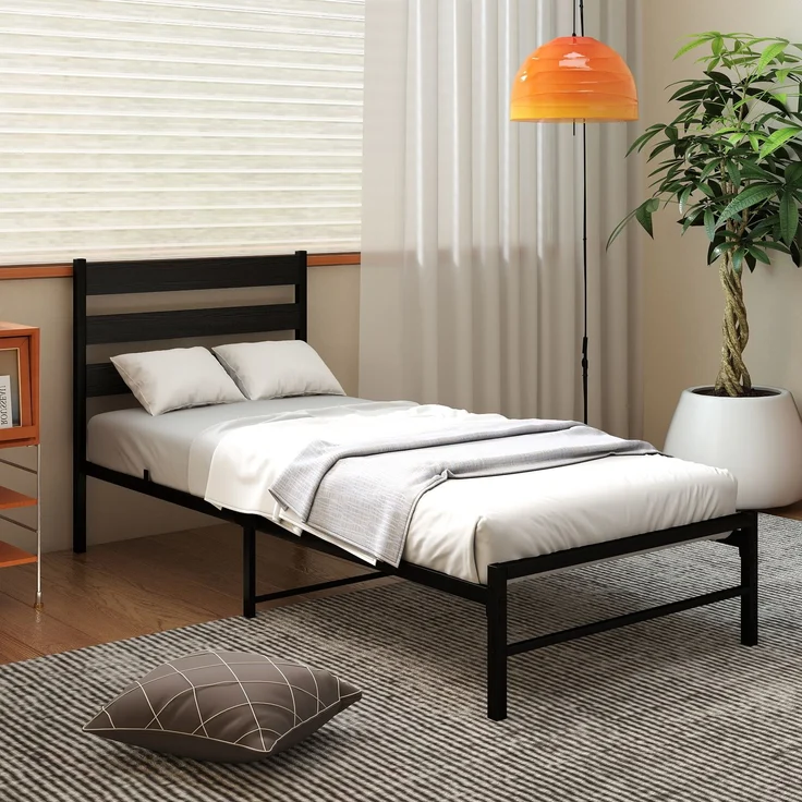 Einzelbett aus Metall mit MDF-Kopfteil, ohne Matratze, 90x200 cm, Schwarz – Bild 7