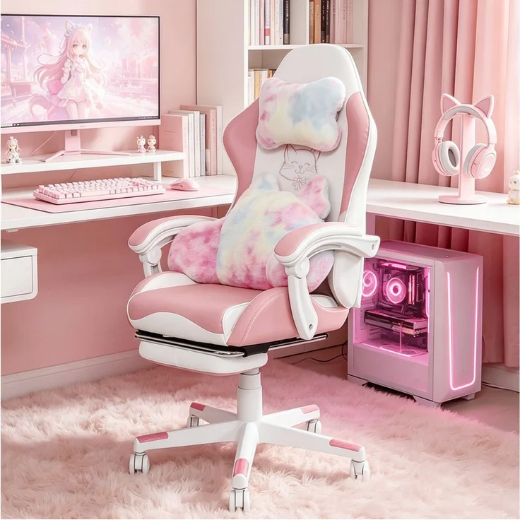 Puluomis Gaming-Stuhl Bürostuhl Ergonomisch mit Katzenpfote Lendenkissen und Katzenohren (Gamer Stuhl, Racing Computerstuhl PC Stuhl mit Fußstütze Kopfstütze), für Mädchen, Teenager, Kinder, Pink – Bild 2