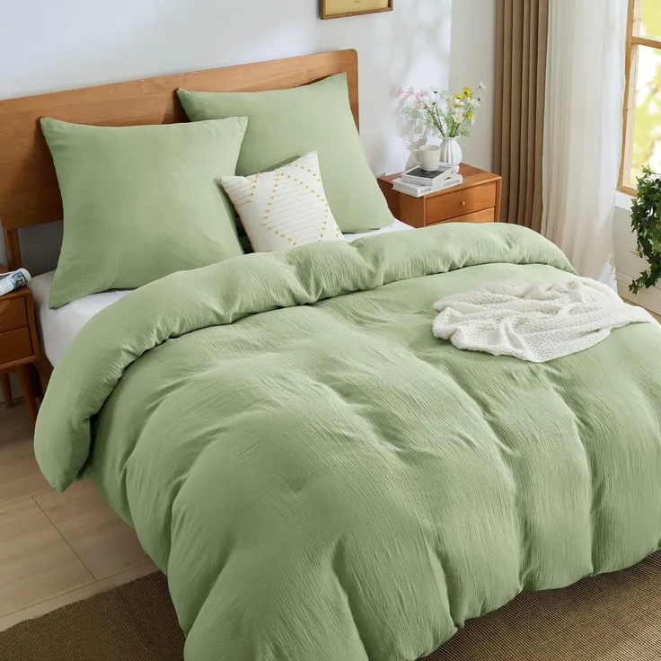 BEDELITE Musselin Bettwäsche 155x220 Baumwolle - Bettwäsche-Sets Sommer Grün 3teilig mit Reißverschluss, Bettbezug Hellgrün 155x220 cm mit 2 Kissenbezüge 80x80 cm, weiche und atmungsaktiv