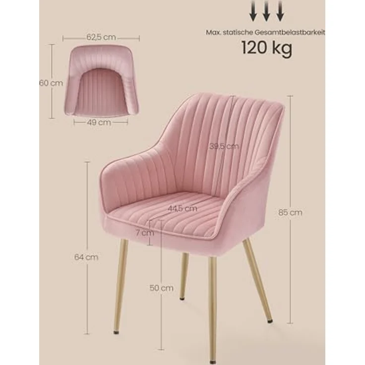 SONGMICS Esszimmerstuhl, 4er Set, Küchenstuhl, Sessel, Samt, Polsterstuhl mit Armlehnen, Loungesessel, bis 120 kg belastbar, Metallbeine, für Esszimmer, Küche, pastellrosa-blassgold LDC087R14 – Bild 4