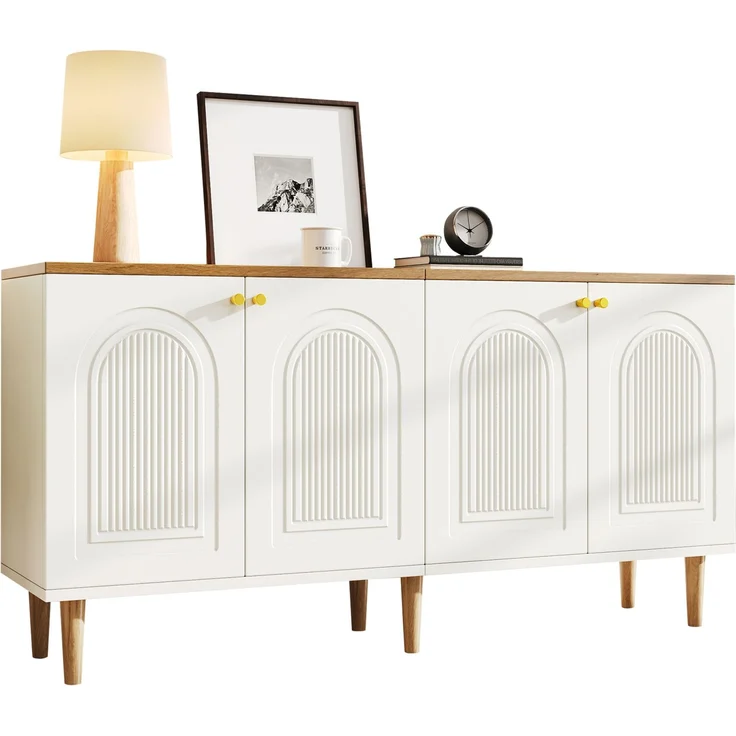 Sideboard 140 x 35 x 71 cm mit 4 Türen, 3D-Relief und Ablagefächern – Weiß und Holzton – Bild 5
