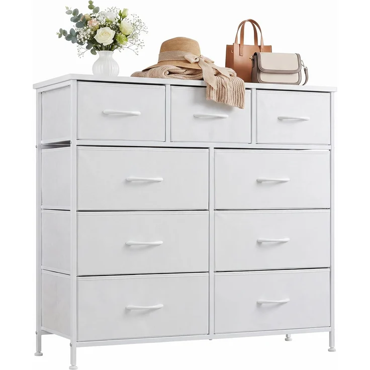 DUMOS Kommode mit Schubladen - Kommoden & Sideboards für Schlafzimmer Geeignet, Komodenschrank mit 9 Schubladen, Stoffkommode mit Stahlrahmen, Schrank Klein, Ideal für Flur, Wohnzimmer (Weiß)