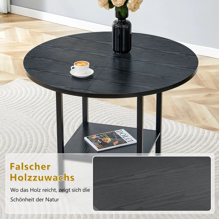 Esstisch 100x100x77 cm, rund, mit Stauraumablage aus MDF und Metall in Schwarz – Bild 6
