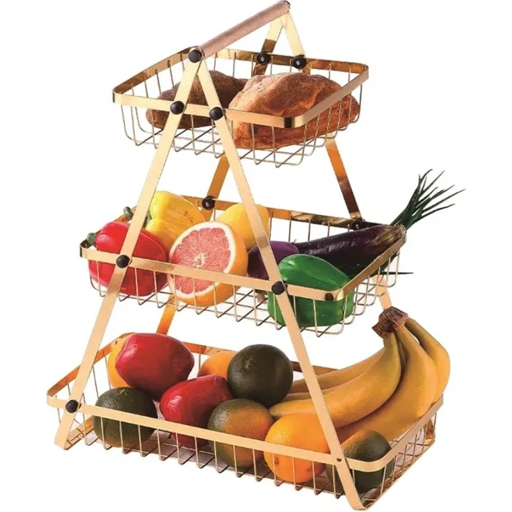 3-stöckige Etagere mit Griff, Obstkorb in Gold - Tragbar & Platzsparend – Bild 2