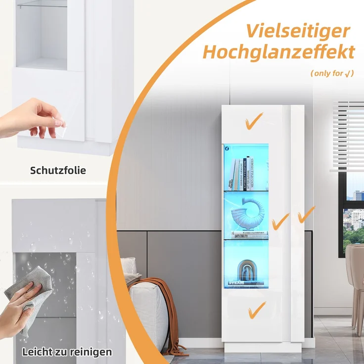 60*40*180cm Schrank,Vitrine ausSchranktür aus Acryl,Vitrine Hochglanz Lagerschrank mit LED-Beleuchtung, 3 Glasboden ,Highboard, Aufbewahrungsschrank, Hochschrank, Sofaschrank,Weiß – Bild 6