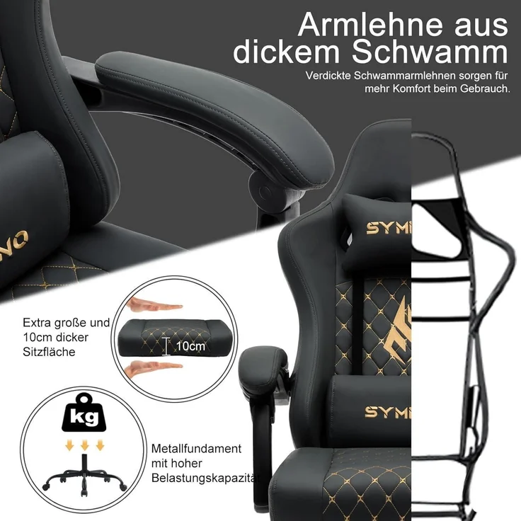 Symino Racing Gamer Stuhl mit Lendenwirbelstütze und Fußstütze, Stabil, Schwarz – Bild 6