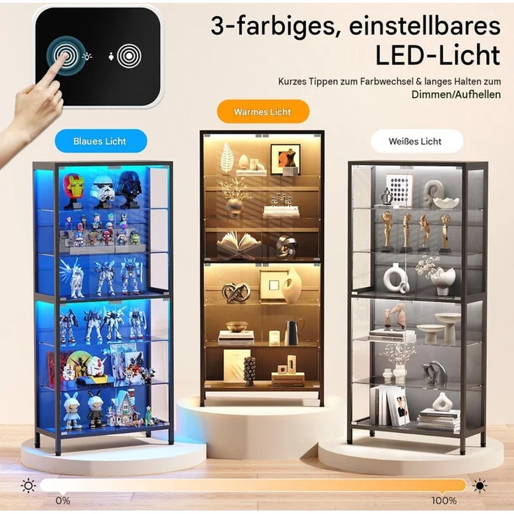 Glasvitrine 75x35x181 cm, 6-stöckige Vitrine mit LED-Beleuchtung, verstellbaren Glasböden und Sensor, Schwarz – Bild 5