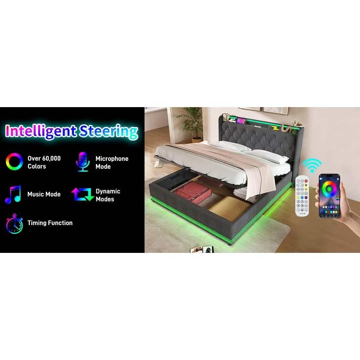 Polsterbett mit LED, USB-Anschluss & Stauraum, 140x190 cm, Grau, ohne Matratze – Bild 6