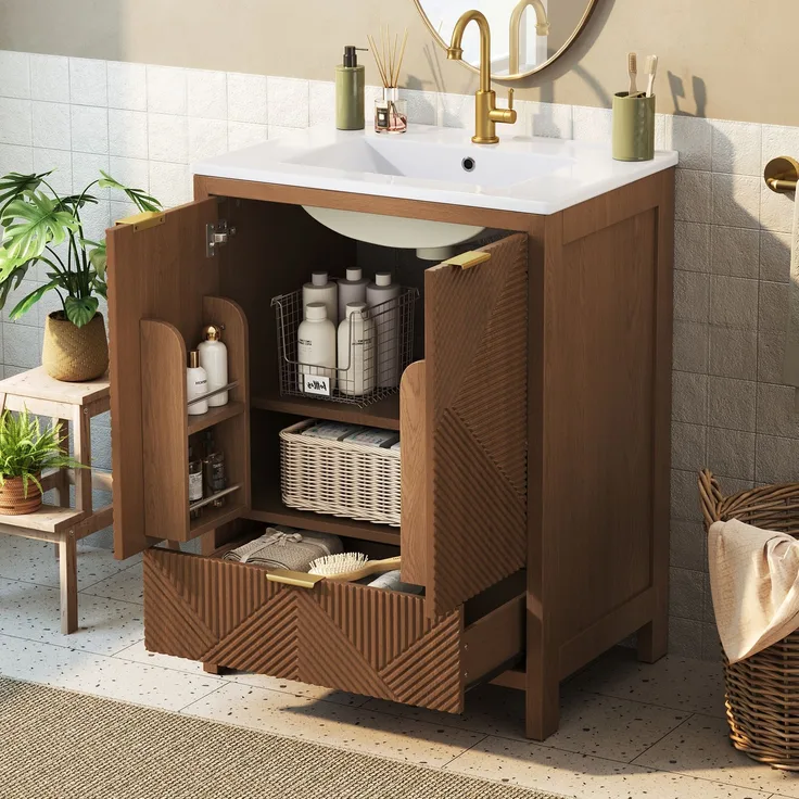 Freistehender Badschrank mit Keramikwaschbecken, B 61 x T 47 x H 87 cm, MDF in Walnussoptik