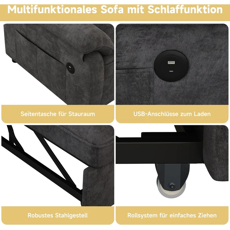 Merax 3-in-1 Doppelschlafsofa, faltbares Sofa mit verstellbarer Rückenlehne und Bettfunktion, umwandelbare Schlafcouch mit USB‑Ladeanschluss, Chenille‑Stoff, Grau – Bild 6