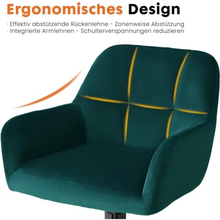 Sweetcrispy Esszimmerstuhl, 360° Drehstuhl Esszimmer, Küchenstuhl, Samt Schminktisch Stuhl, bis 120 kg belastbar, Sessel mit Armlehnen Stahlbeine, Schreibtischstuhl für Arbeitszimmer, Dunkelgrün – Bild 8