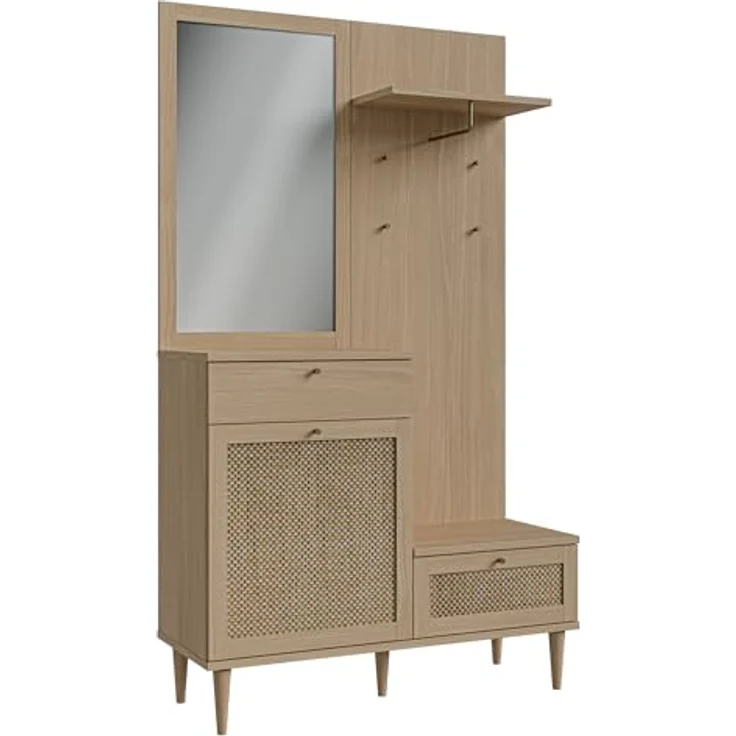 Forte CALASETTA Garderobe 120, 2 Schubladen, 1 Tür, mit Spiegel, Kleiderstange und Ablageflächen, Holzwerkstoff, Elegancia Eiche Holzdekor | Technorattan, 115,1 cm breit x 198 cm hoch x 41,4 cm tief – Bild 4