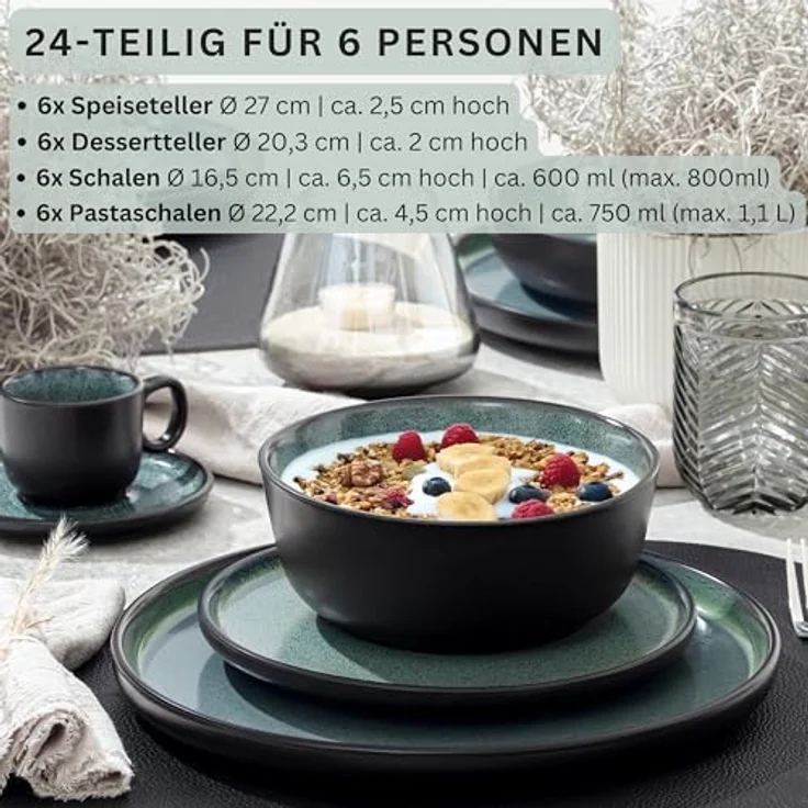 Sänger Malmö Tafelservice, 24-teilig, Steingut, kratzfest, rund, grün, inkl. 6x Speiseteller, 6x Dessertteller, 6x Schalen, 6x Pastaschalen – Bild 2