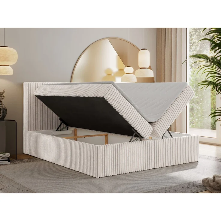 Boxspringbett mit Kopfteil und Topper Visco, Cord Bett - TILIANO - 200 x 200 cm - Beige Cord - H3 – Bild 3