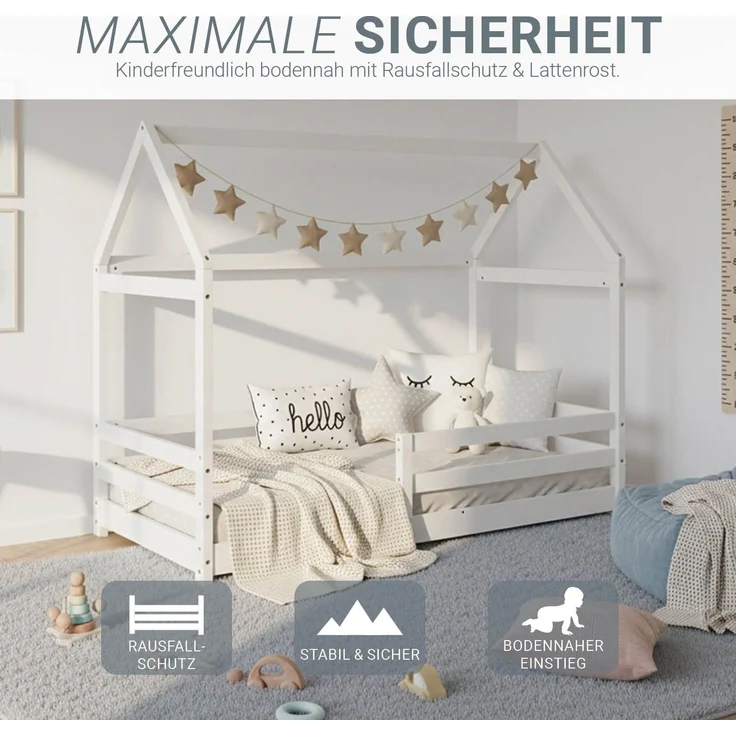 Homestyle4u Kinderbett mit Matratze und Rausfallschutz, Holzwerkstoff weiß, 80x160 cm – Bild 4