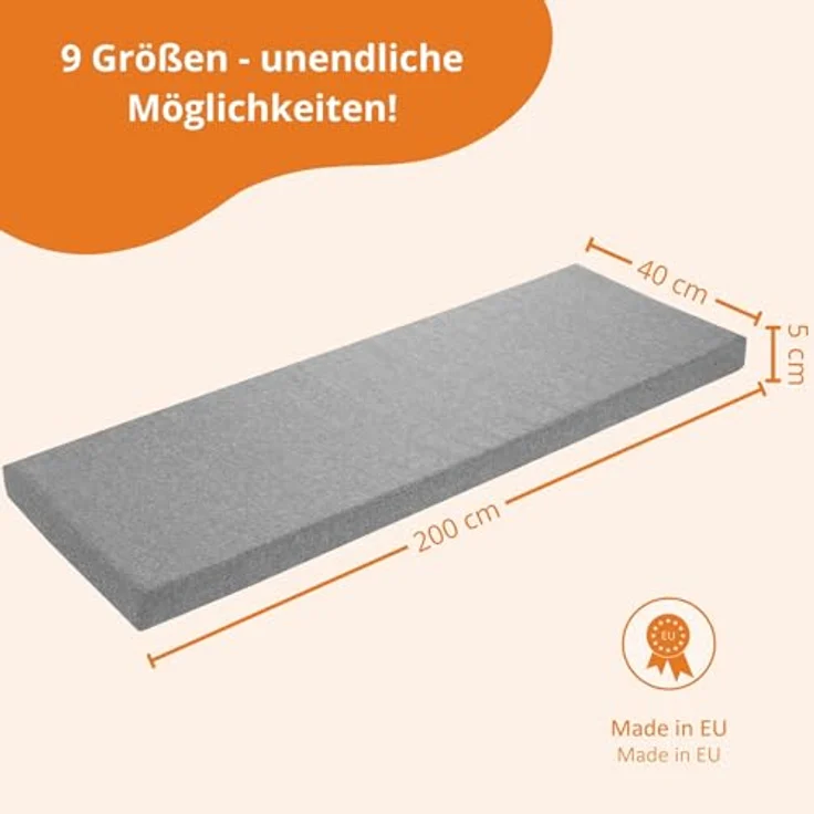 sleepling Bankauflage 200x40 cm hellgrau, Sitzkissen Outdoor & Indoor, Bankpolster, Bezug waschbar, Unterseite Antirutsch, Made in EU – Bild 6