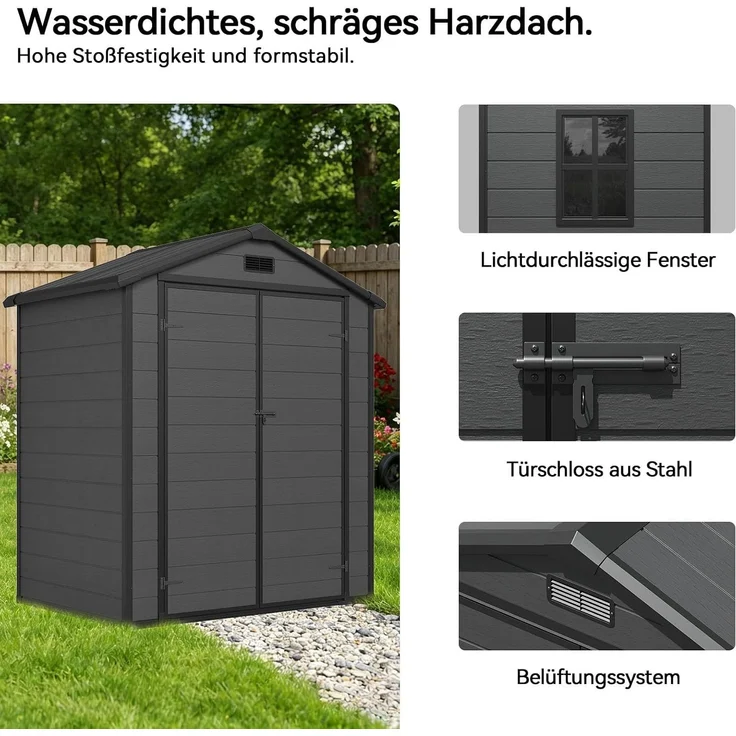 Aoxun Gartenhaus Kunststoff 4m³ mit Fundament | 182x124x210 cm | Geräteschuppen mit Boden, Gerätehaus Satteldach, Belüftet, Gartenhütte Wasserdicht für Fahrrad, Terrasse, Rasen und Werkzeug, Schwarz – Bild 7