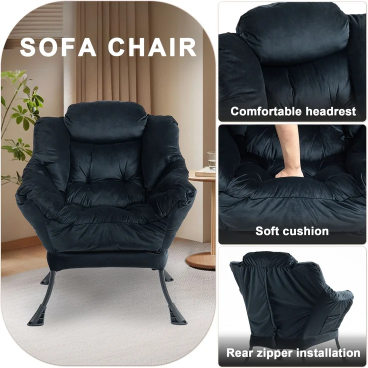 Wohnora-Lazy Chair, Relaxing Chair with Metal Frame and a Side Pocket, Simple Style Comfy Chairs for Bedrooms Living Room Balcony,H 85cm x T 75cm x B 80cm,Schwarz – Bild 1