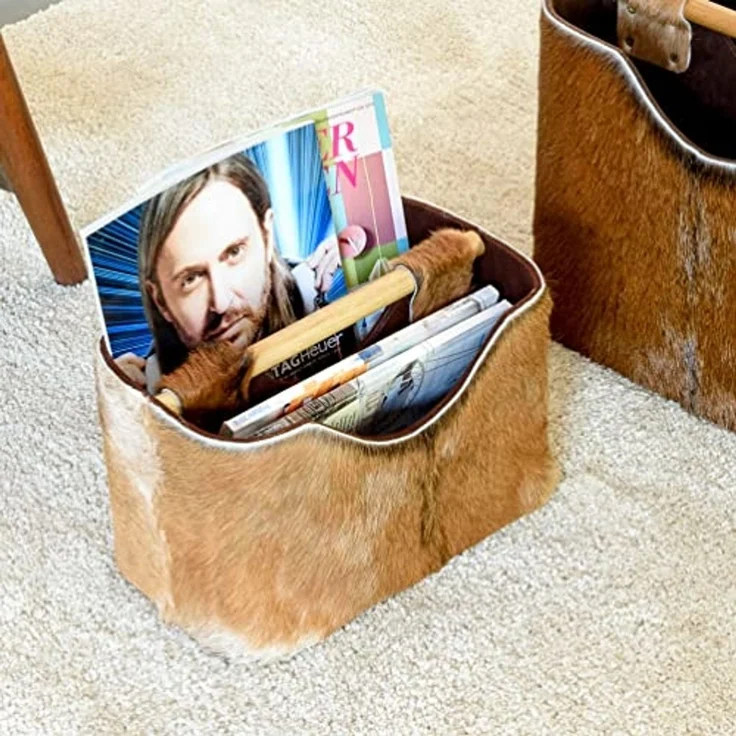 wohnfreuden Aufbewahrungsbox Zeitungsständer aus Ziegenfell und Teakholz 30 cm – Bild 3