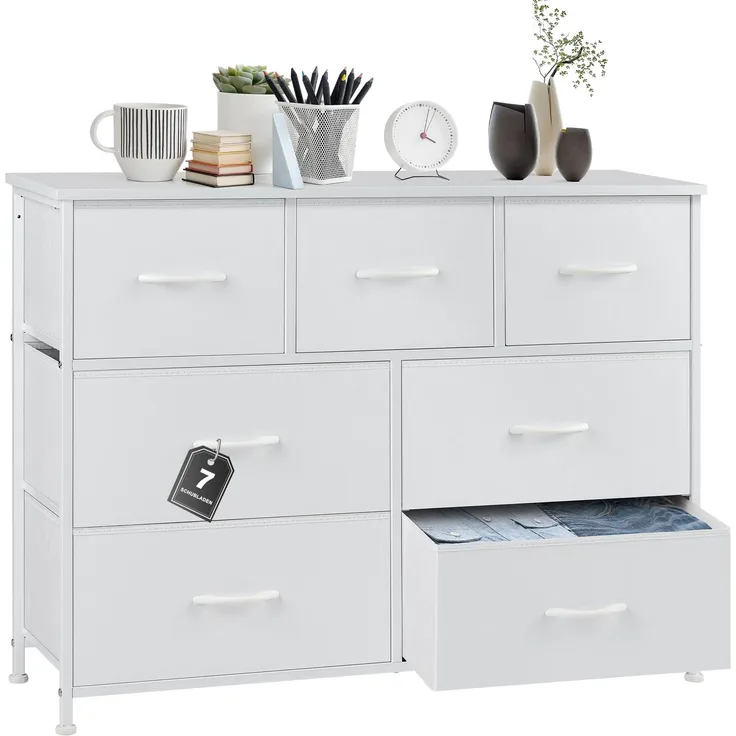 DUMOS Kommode für Schlafzimmer mit 7 Stoffschubladen hohe Kommode Organizer für Kleidung Schrank Kinderzimmer Aufbewahrungsturm mit Schrank Metallrahmen Holzplatte leichte Kinderzimmermöbel