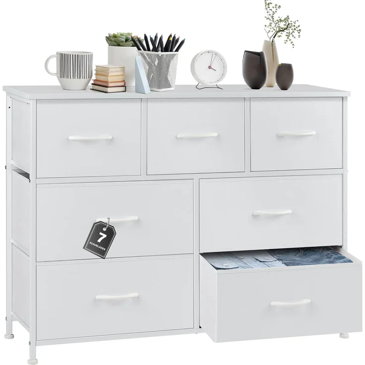 DUMOS Kommode für Schlafzimmer mit 7 Stoffschubladen hohe Kommode Organizer für Kleidung Schrank Kinderzimmer Aufbewahrungsturm mit Schrank Metallrahmen Holzplatte leichte Kinderzimmermöbel