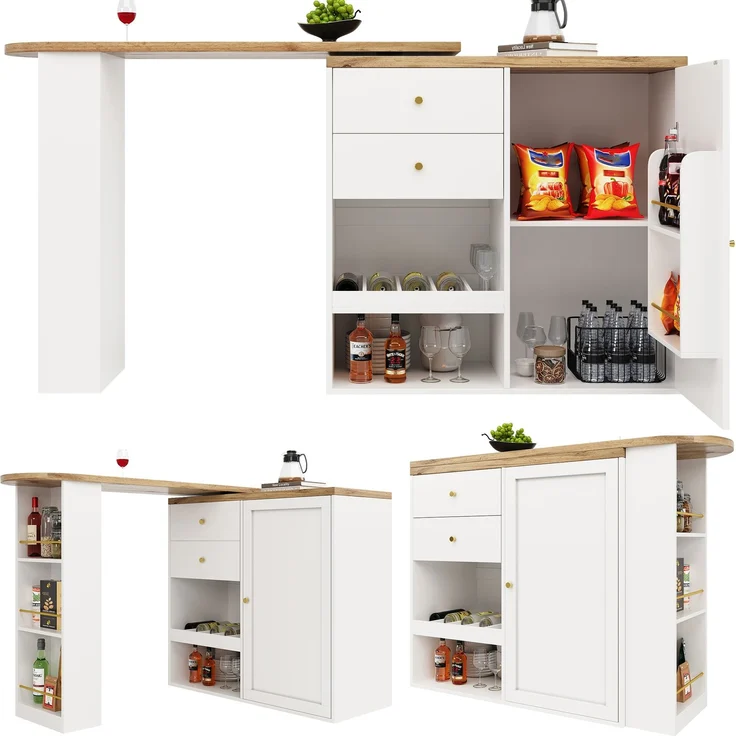 Drehbarer Bartisch (Hauptkörper 105 x 39 x 102 cm), mit 2 Schubladen und Schiebetürschrank, 3 Ebenen offener Stauraum, geeignet für Esszimmer/Arbeitszimmer/Wohnzimmer usw – Bild 2