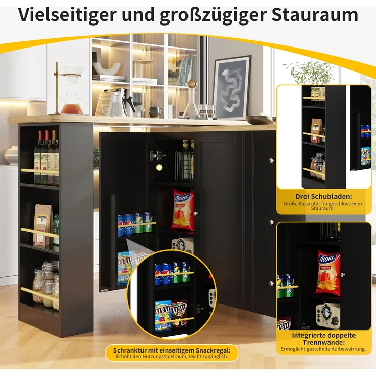 Bartischschrank Schwarz Küchentisch 360° drehbar mit Rollen, Klapptisch Sideboard mit Regalen, aus MDF modern mit Metallgriffen – Bild 5