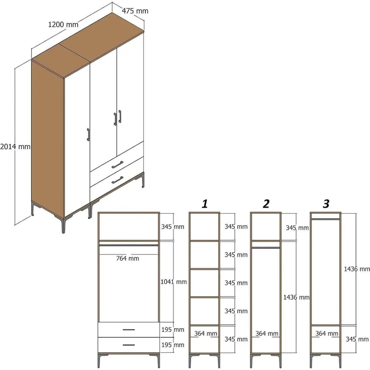 Dmora Kleiderschrank 3 Türen Albireo 120x47,5 cm Braun – Bild 2