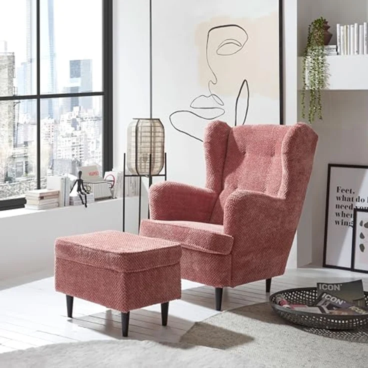 OSKAR Fußhocker gepolstert, Coral - Vintage Polsterhocker für Sessel, Couch und Sofa - 63 x 43 x 42 cm (B/H/T) – Bild 5