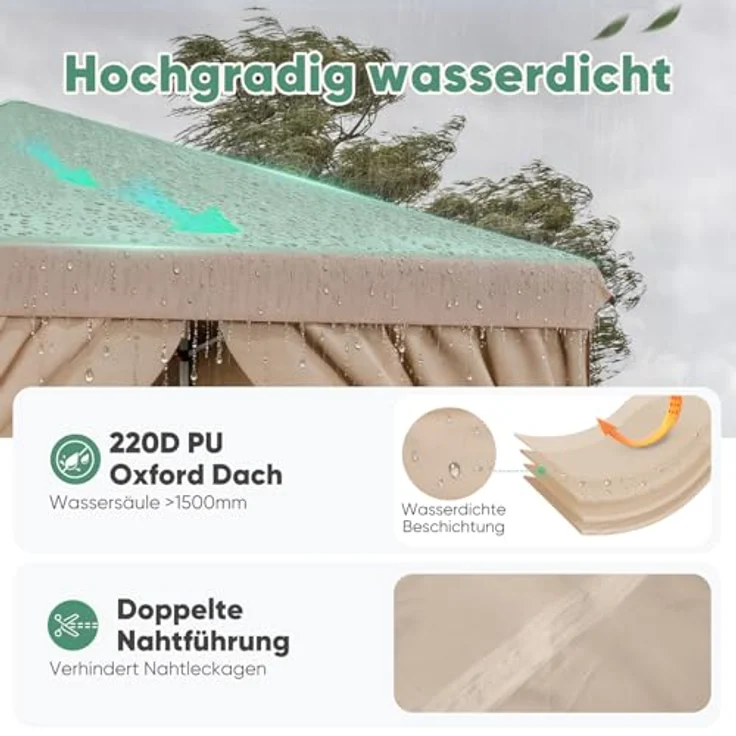 Sunula Pavillon 3x3m, wasserdicht und winterfest mit 4 Seitenwänden, faltbar, stabil mit verdickten Röhren, khaki – Bild 4