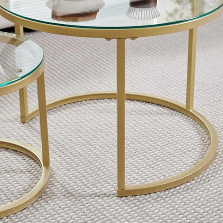 GrandCA HOME Couchtisch 2er Set,Stapelbarer Couchtisch, Couchtische Rund, Gehärtete Glasplatte, Vergoldete Metallbeine，Geeignet für Wohnzimmer, Esszimmer, Café（Ø60x45H cm，Ø40x35H cm） – Bild 8