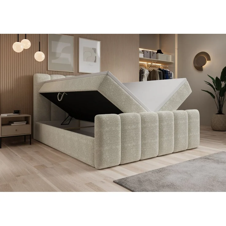 thematys Boxbett mit Bettkasten 180x200cm, mit Bonnellfederkernmatratze H3, Bouclé/Velours, mit Stauraum, mit 3 cm Topper, Beige (Fredo 20) – Bild 4