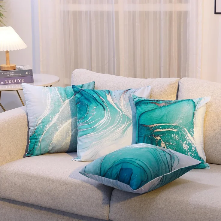 Velvet Kissenbezüge 45×45 cm 4er-Set Marmor Türkis & Gold, Luxus Fluid Art, Sofa Deko – Bild 6