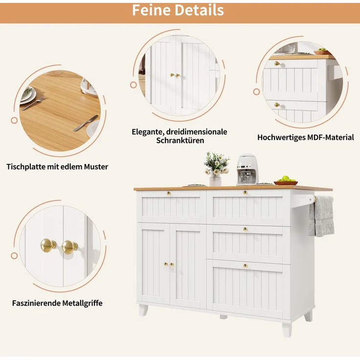 Abrihome Küchenwagen mit Stauraum und Rollen, Weiß, 88x70x133 cm – Bild 6
