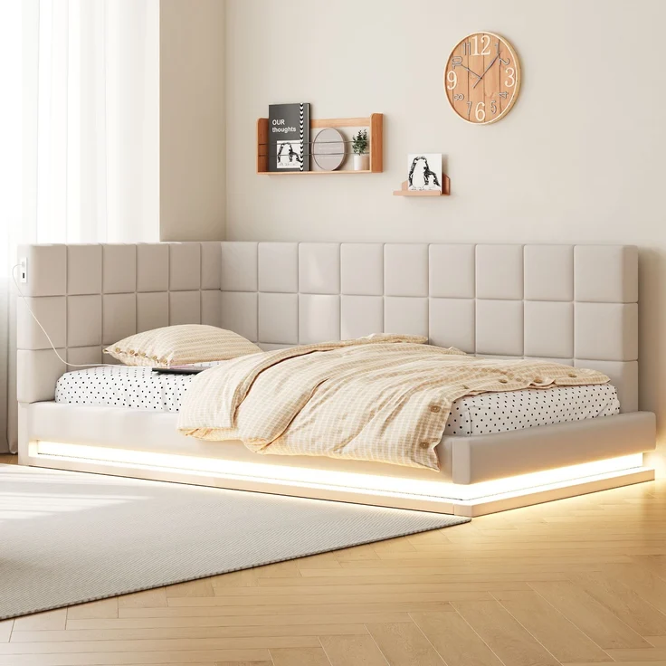 Merax Daybett Einzelbett Polsterbett 90x200cm mit USB & LED, Tagesbett Schlafsofa mit Lattenrost, Jugendbett Gästebett Funktionsbett, Samt, beige – Bild 1