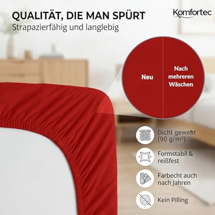 Komfortec Mikrofaser Spannbettlaken 180x200 cm – Weiches Spannbetttuch mit Rundumgummi – Fitted Sheet für Matratzen bis 30 cm – Rot – Oeko-Tex – Pflegeleicht & Hautfreundlich – 90g/m² – Bild 6