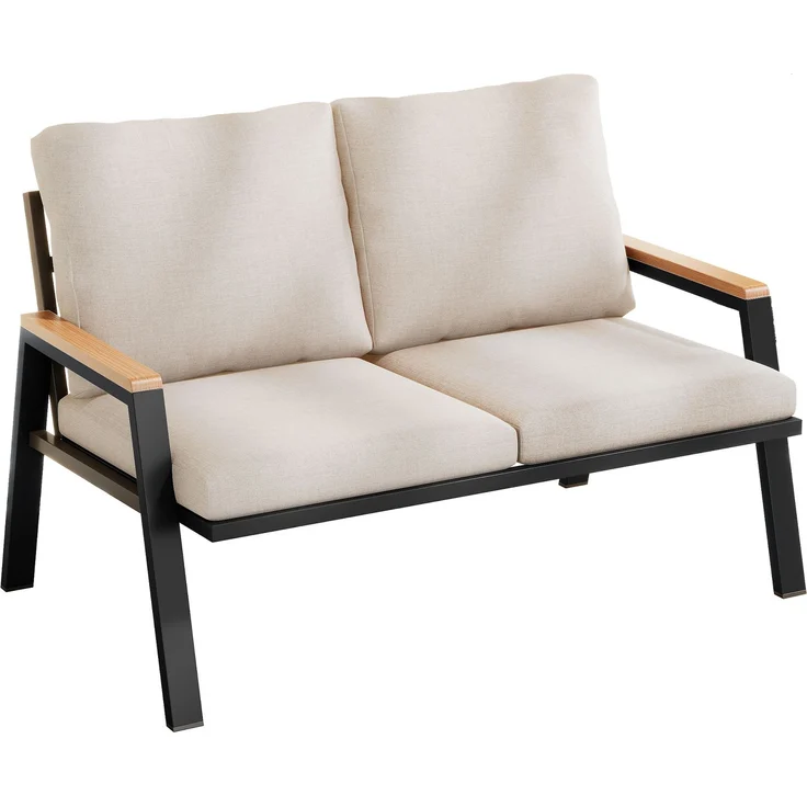 Merax Gartenmöbel-Set, Outdoorsofa, 2-Sitzer-Sofa, Handläufe aus Holz-Kunststoff-Verbundwerkstoff, Industriestil, graubeige – Bild 10