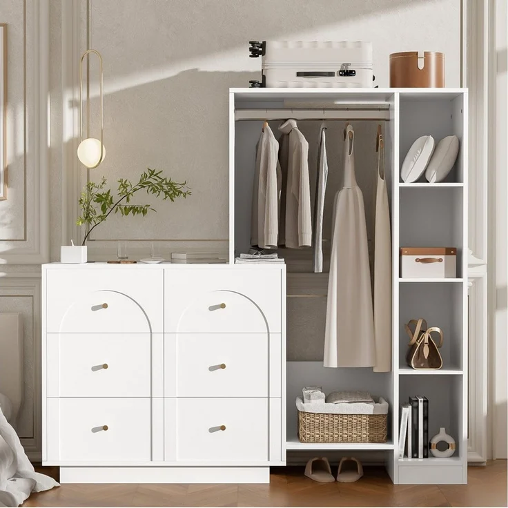 Flieks Garderoben-Set Garderobenständer Kleiderschrank & Kommode mit 6 Schubladen, (B139xT35xH133 cm, mit verstellbaren Einlegeböden), Kompaktgarderobe Garderobenschrank Kleiderstange Flurmöbel Weiß – Bild 1
