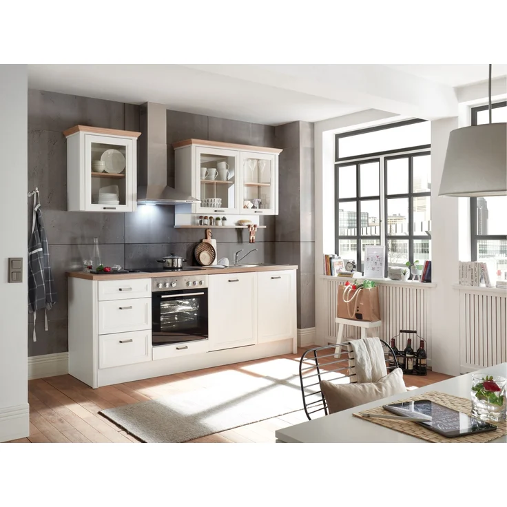 JASMIN Moderne Küchenzeile ohne Elektrogeräte in Pinie hell, Artisan Eiche Optik - Geräumige Einbauküche im Landhausstil - 235 x 216,5 x 60 cm (B/H/T) – Bild 2